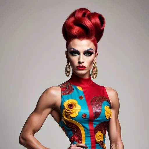 Prompt: Gorgeous ultra-muscular 25-year-old Czechian drag queen bodybuilder with long dark red stylish updo wearing a (Moschino dress), high fashion design, colorful patterns, playful and vibrant, couture elegance, luxurious texture, striking silhouette, artistic flair, runway-inspired style, intricate details, eye-catching embellishments, bold color palette, fashionable ambiance, (ultra-detailed), high-quality craftsmanship, fashion illustration vibes, stylish ensemble, (vivid colors), aesthetically stunning.