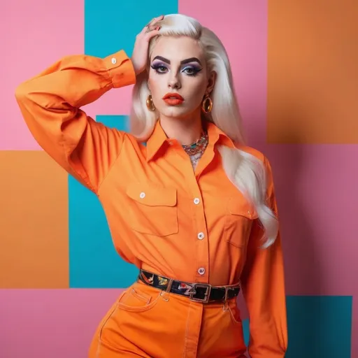 Prompt: a gorgeous 25-year-old German drag queen in an oversized orange button-up shirt posing for a picture with her legs crossed and her hand on her head, Anna Katharina Block, kitsch movement, colourful, a pop art painting