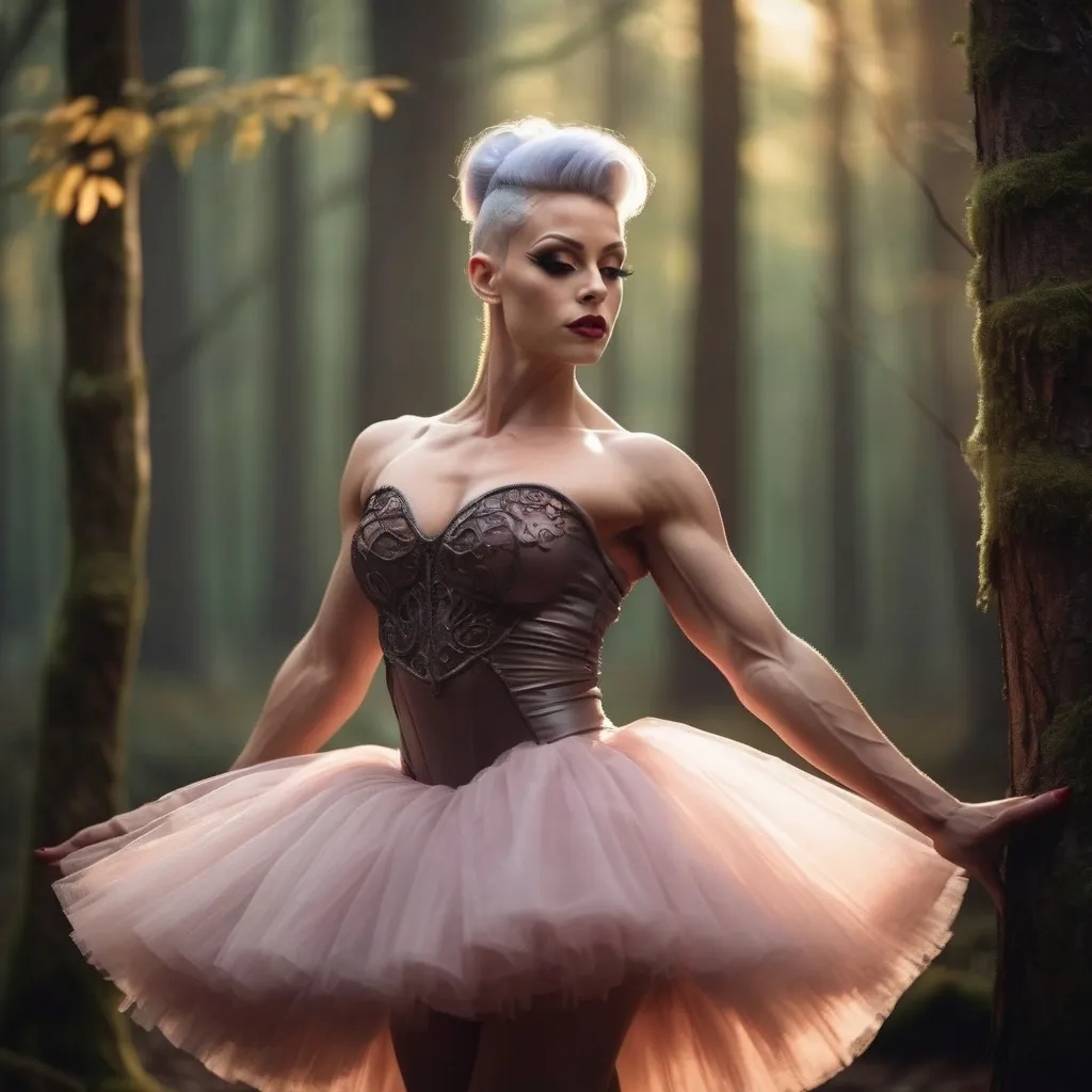 Prompt: (focused character gorgeous ultra-muscular 25-year-old Swedish drag queen bodybuilder), (elegant ballet pose), soft warm lighting, large busom, flowing pastel-colored tutu, enchanted forest background, delicate expression, intricate details in attire, dark eyeshadow,  dark red lipstick, immersive atmosphere, ethereal vibe, graceful movements, dreamy ambiance, intricate ballet shoes, glowing soft light filtering through trees, beautiful HD quality, atmospheric cinematic mastery