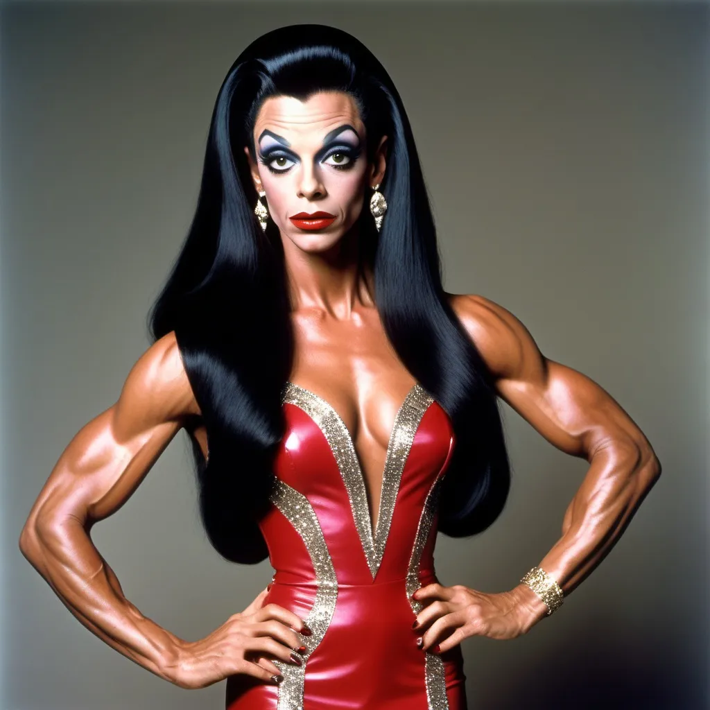 Prompt: Don knotts dressed as a Gorgeous ultra-muscular 25-year-old drag queen bodybuilder with very long straight shiny black hair wearing a gaudy Gianni Versace designed dress and 8 inch stiletto high heel shoes, with smoky eye shadow and mascara and dark red lipstick.