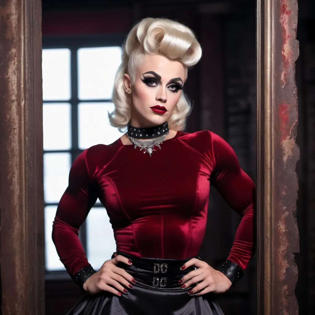 Prompt: Imagine a photo of James Dean dressed up as a gorgeous ultra-muscular 25-year-old Finnish drag queen bodybuilder, mirror behind her. wearing a red goth velvety blouse, and short pleated skirt and black tights. wearing a choker. Dark eye shadow, heavy mascara, dark red lipstick. very attractive. high detail realistic. full body shot, professional photo. Studio lighting, backlit, realistic lighting. hdr uhd 8k ultra-realistic render,  very high detail skin, beautiful face,