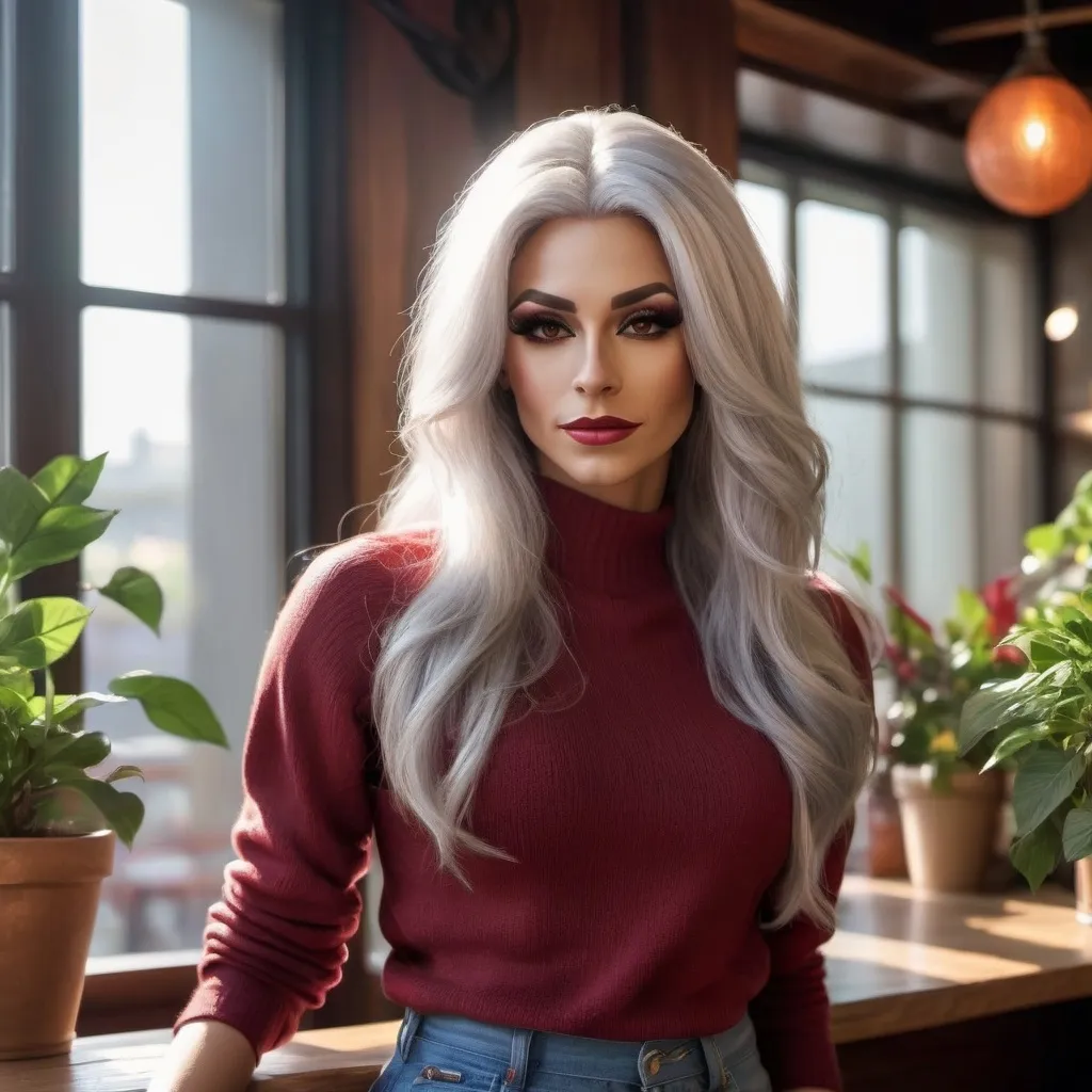 Prompt: Create a portrait of a gorgeous ultra-muscular 25-year-old Czechian drag queen, with long, flowing silver hair and warm brown eyes, Athletic physique. She stands in a sunlit café, wearing a casual, stylish outfit—a soft crimson sweater and high-waisted jeans. The background features rustic wooden tables and potted plants, while sunlight filters through the large windows, casting gentle shadows. Her expression is thoughtful, with a hint of a smile, as she gazes out the window, lost in a moment of reflection