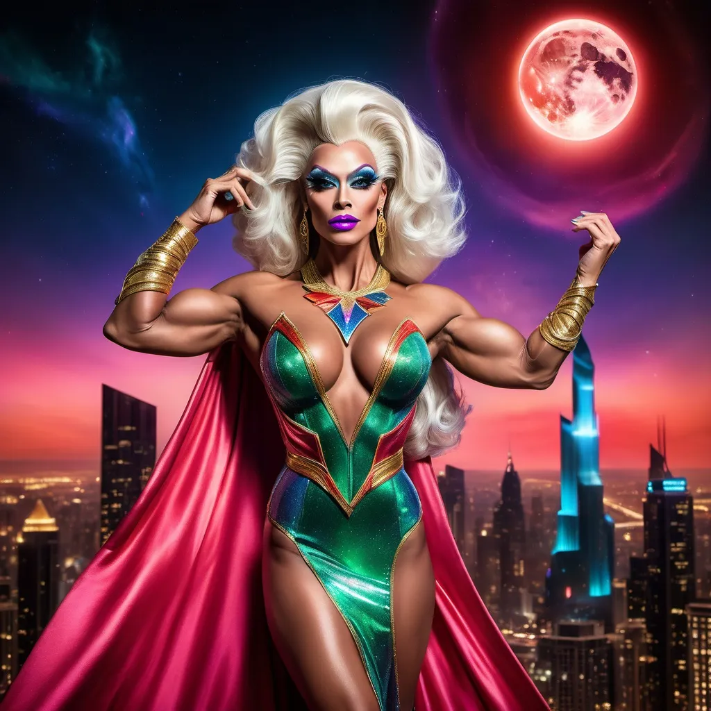 Prompt: The most beautiful drag queen bodybuilder on Krypton wearing the traditional Krypton dress.