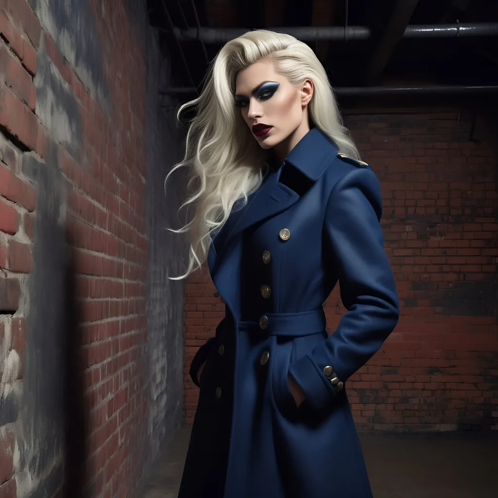 Prompt: Dramatic editorial fashion photograph in an industrial loft space, gorgeous muscular 25-year-old Czechian drag queen model (strong masculine jawline and brow features) with long luscious platinum blonde hair, dark eyeshadow, bearing  dark red lipstick, wearing a tailored Prussian blue wool coat with technical details, standing against a weathered brick wall painted battleship grey. Floor-to-ceiling windows, streaming natural light, contemporary furniture pieces in slate grey and black. Cinematic color grading, high fashion photography style, medium format camera aesthetic, inspired by Steven Meisel's work. 8K quality, photorealistic detail."