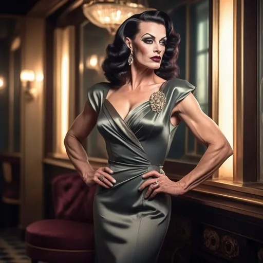 Prompt: photorealistic, (old Hollywood 1940s style), (a Gorgeous muscular 40-year-old Hungarian drag queen bodybuilder (extremely strong masculine jawline and brow features)), elegant attire, dark eye makeup, dark lipstick, full length body, soft lighting capturing a nostalgic atmosphere, muted pastel colors, timeless beauty, luxurious and refined setting, classic film vibe, vintage glamour, intricately detailed background elements, opulent decor, art deco influences, airy ambiance, warm tones, HD, ultra-detailed, cinematic quality.