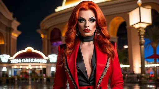 Prompt: High-resolution, cinematic-style photograph featuring a gorgeous 25-year-old (Caucasian) Russian drag queen bodybuilder, dark orange wavy hair with curtain bangs, smoky makeup, buxom figure, wearing red tailcoat, black miniskirt, black 8 inch stiletto high heel Prada boots, standing outside the Bellagio in Las Vegas at night, 8k photo, high detail, glamorous, detailed curves, dramatic lighting, vibrant colors, detailed lace, atmospheric ambiance