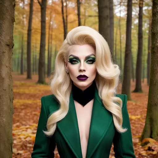 Prompt: Beautiful drag queen, blonde, in autumn forest in green long fashion coat, dark eyeshadow and dark lipstick,  very strong masculine jawline and brow,.