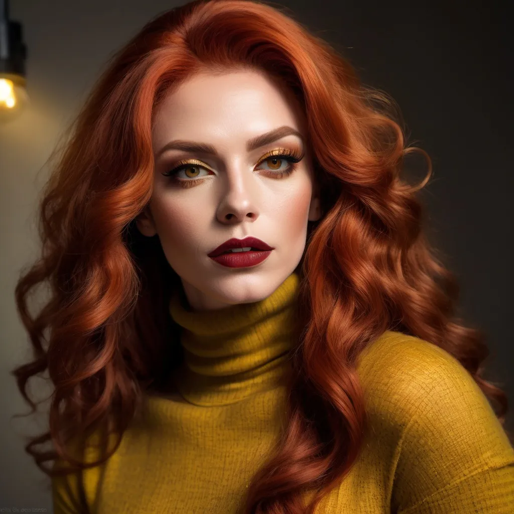 Prompt: (French drag queen with long curly red hair), wearing an olive long knitted yellow turtleneck shirt and skinny jeans, dark ete makeup, dark lipstick,  masculine jawline and brow, (close up,low angle shot ), inside a softly lit room, (white curtains gently swaying),  captured in an extremely detailed (oil painting style), (photorealistic), sunlight streaming through the woman  , she is looking out the window and  holding the curtains with her hands ,(artistic modeling pose) ,high resolution , detailed , bright colors