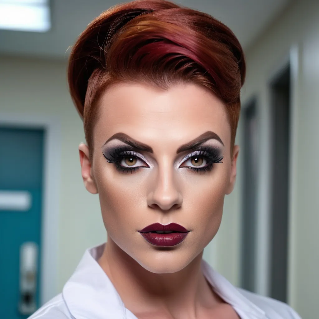 Prompt: Gorgeous muscular 25-year-old  British drag queen (masculine facial features) doctor with auburn hair, dark eyeshadow,  dark red lipstick, big busom, photorealistic picture, detailed facial features, doctor outfit, hospital background, confident expression, intelligent gaze, high quality, professional lighting