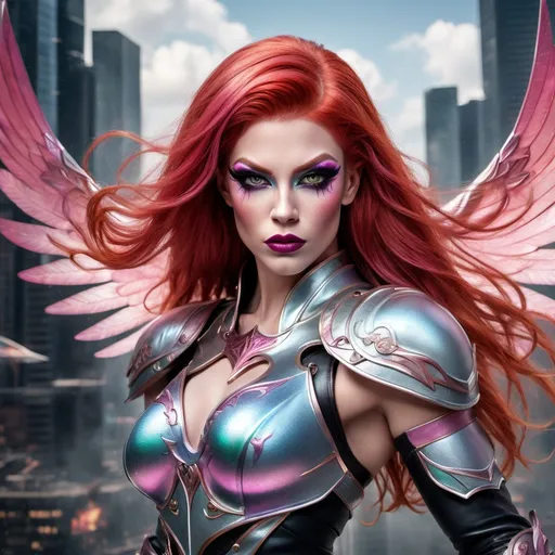 Prompt: A photorealistic image of a Gorgeous ultra-muscular 25-year-old drag queen Sky Elf fighter, a lithe and agile warrior with flowing bright red hair and iridescent pink wings, dark eye makeup and dark lipstick, in mid-battle amidst the floating islands of their sky city. The Sky Elf fighter, clad in sleek, shimmering armor that catches the light, wields dual blades with unmatched speed and precision. Their movements are a blur as they attack with the swiftness of the wind, the blades cutting through the air with ease. The scene captures the dynamic motion of combat, with the fighter executing a swift aerial maneuver, their wings catching a gust of wind that propels them forward. In the background, the floating city with its grand, airy architecture is partially shrouded in mist, giving a sense of otherworldly elevation. Art styles: photorealism, action, fantasy. Lighting: natural daylight, dynamic shadows. Camera: wide-angle action shot. Resolution: 8k, ultra-detailed.