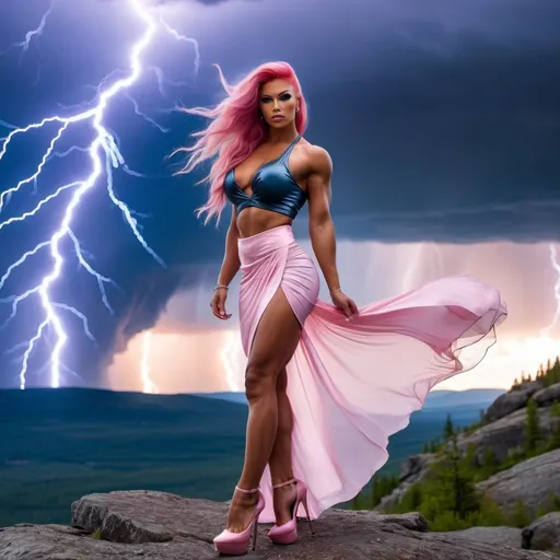 Prompt: A picture of a Gorgeous, ultra-muscular, 
Finnish 25-year-old goddess bodybuilder with huge busom and long stylish pink hair, wearing flowing skirt, a wrap around blouse, and 8 inch stiletto high heel shoes, alone on a mountain top during a lightning storm.