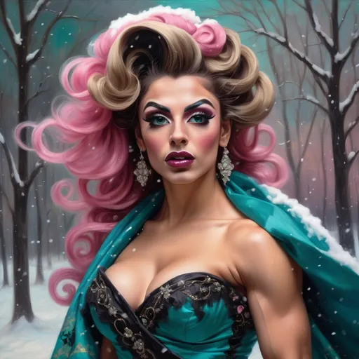 Prompt: Rococo era portrait of a Gorgeous muscular 21-year-old Turkish drag queen bodybuilder (with drag queen facial features, dark lipstick, big busom, dark blonde hair) oil painting, updo hair with long curling hair strands, blowing in wind, wearing a rococo dress wrapped in scottish, pink, teal and black shawl, with willing falling snow
