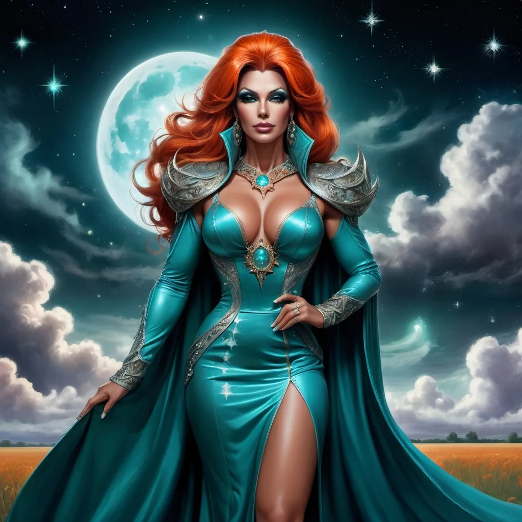 Prompt: The Queen Of Time And Space, a gorgeous muscular drag queen (with strong masculine facial features), Dark orange hair and big busom, in a Teal dress standing in a field of clouds and stars with a full moon behind her, Anne Stokes, fantasy art, epic fantasy character art, concept art