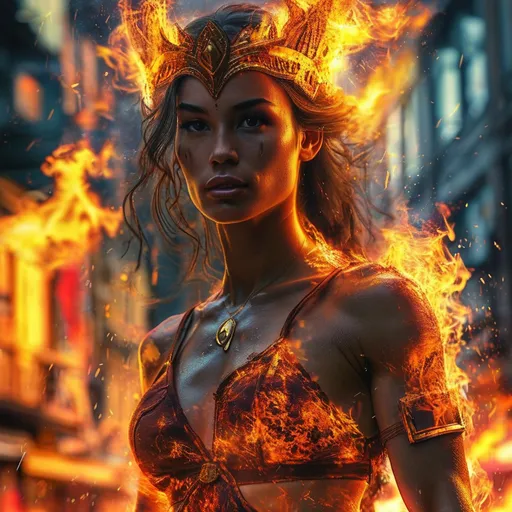 Prompt: Gorgeous muscular 25-year-old fire goddess, made of fire,  destroying a city.