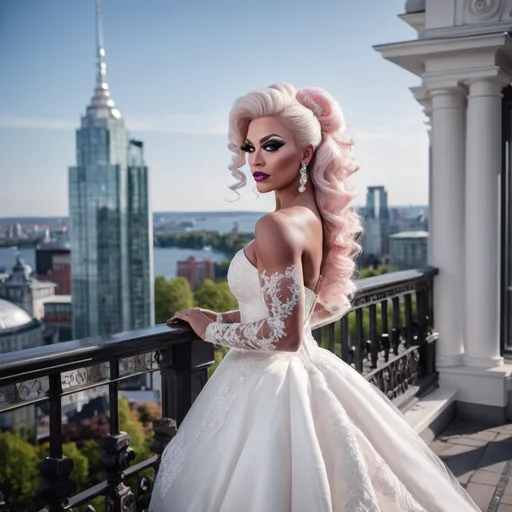 Prompt: Gorgeous ultra-muscular 25-year-old Finnish drag queen bodybuilder with ridiculously long wavy platinum pink updo hairstyle wearing an elegant white wedding dress, standing on the balcony of her luxurious mansion overlooking the city skyline. She has dark eye makeup and dark red lipstick. The gown features delicate lace detailing along its bodice and halter neckline, complemented by sheer sleeves that accentuate her figure's curves. Her pose is confident yet graceful as she gazes out at the horizon, embodying grace and elegance in timeless beauty in the style of a classic painting