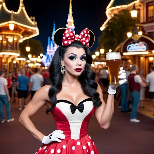 Prompt: Gorgeous ultra-muscular 25-year-old Swedish drag queen Minnie Mouse (Disney princess) with 8 inch stiletto high heel shoes, dark mascara, eyeshadow and dark red lipstick, standing in Disney World holding a beer and flirting with guests at night