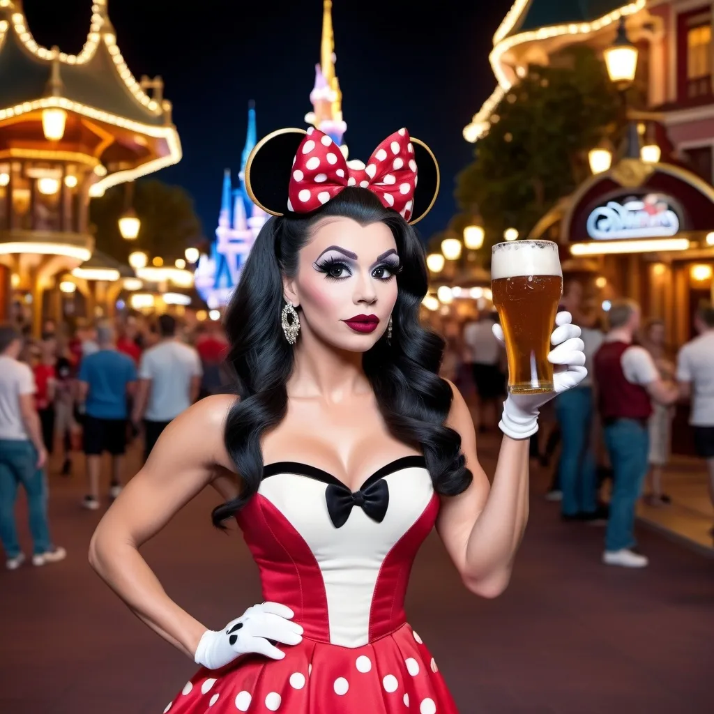 Prompt: Gorgeous ultra-muscular 25-year-old Swedish drag queen Minnie Mouse (Disney princess) with 8 inch stiletto high heel shoes, dark mascara, eyeshadow and dark red lipstick, standing in Disney World holding a beer and flirting with guests at night