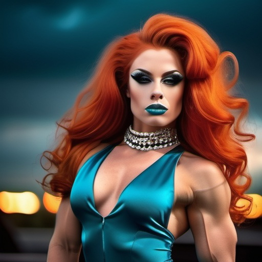 Prompt: Gorgeous ultra-muscular 25-year-old Czechian drag queen bodybuilder, stunning long cascading curly white-red hair, clear and detailed eyes, full body half side potrait of a photorealistic beautiful seductress, dark sky, gloomy, exotic teal and neon orange vintage dress, choker style colar, blue color eyes, detailed face, cyperpunk, full body, magic fantasy, wow effect, Artgerm and rubens style painting, Disney heroes are always a rewarding subject, stunning northern lights as backdrop