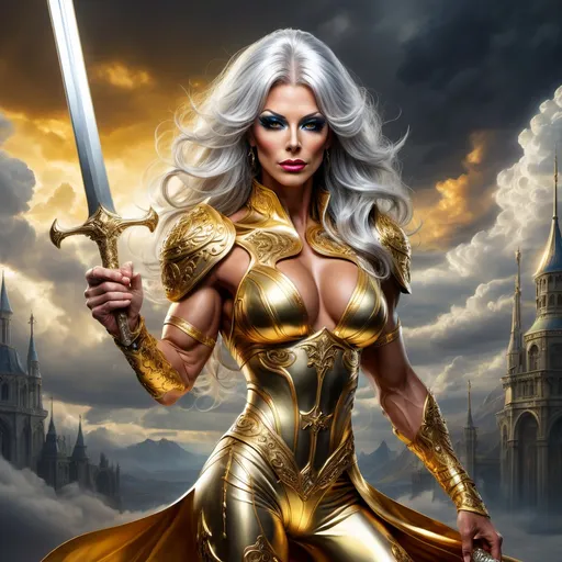 Prompt: (A gorgeous muscular 35-year-old French drag queen bodybuilder with silver hair in a golden outfit holding a sword), (dramatic sky background), epic fantasy character, dynamic pose, vibrant colors, intricately detailed armor, highlights reflecting gold, ethereal mood, captivating expression, fantasy elements, masterpiece digital rendering, rich textures, high quality, (Anne Stokes style).