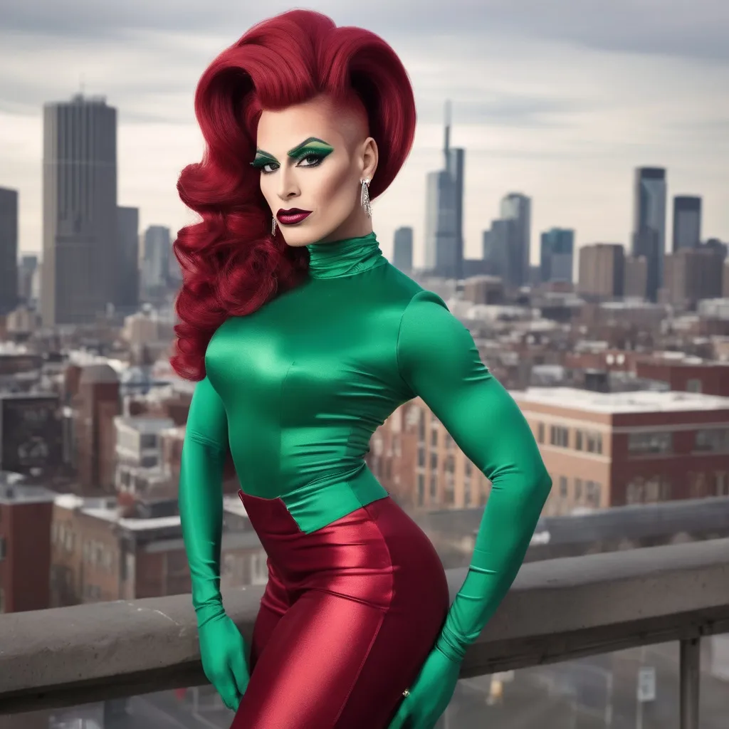 Prompt: A handsome man is dressed up as a Gorgeous muscular 25-year-old Belgian drag queen (strong masculine jawline and brow) with very long dark red tight updo hair in a green outfit and 8 inch stiletto high heel shoes, with a cityscape background, Erlund Hudson, transgressive art, promotional image, a character portrait