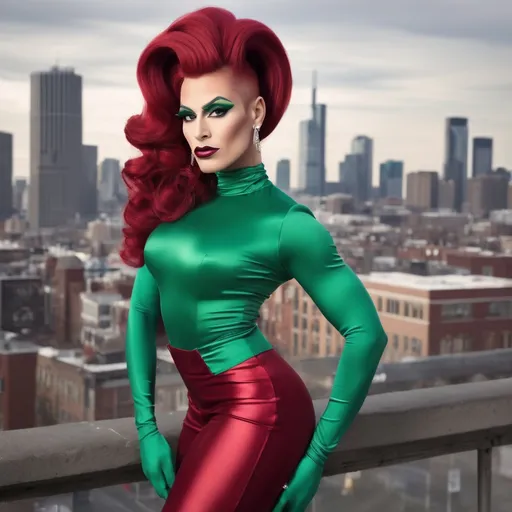 Prompt: A handsome man is dressed up as a Gorgeous muscular 25-year-old Belgian drag queen (strong masculine jawline and brow) with very long dark red tight updo hair in a green outfit and 8 inch stiletto high heel shoes, with a cityscape background, Erlund Hudson, transgressive art, promotional image, a character portrait