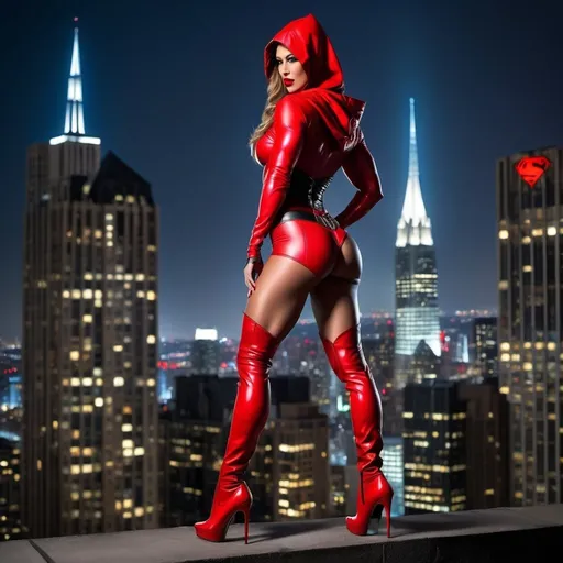 Prompt: Gorgeous muscular bodybuiler goddess dressed as Red Hood ((((DC comic book character)))) with long muscular legs and huge busom wearing red 8 inch stiletto high heel boots standing on a ledge of a building at night looking out over Gotham City.