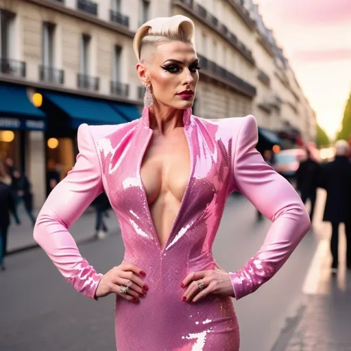 Prompt: Create a digital photograph of a beautiful stylish French drag queen bodybuilder (((with strong masculine jawline and brow))), long platinum blonde updo hair, wearing a very classy yet flamboyant Versace pink sequined gown with 8 inch stiletto heels. She is walking contently on the streets of Paris at sunset.