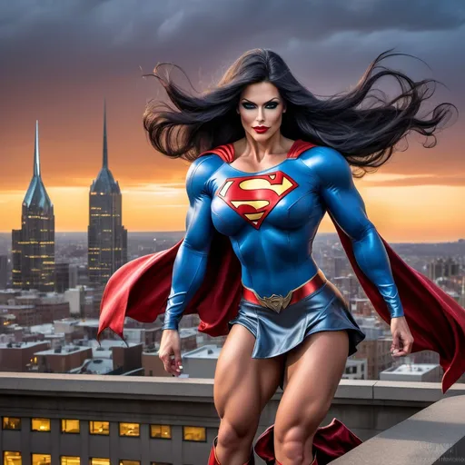 Prompt: Gorgeous muscular 35-year-old Romanian drag bodybuilder with long flowing wavy black hair (((blowing in the wind))), large busom, dressed as Supergirl (((DC Comics Character))), 8 inch stiletto high heel boots, standing on a gargoyle looking down on Metropolis at dusk. Cape blowing in the wind.