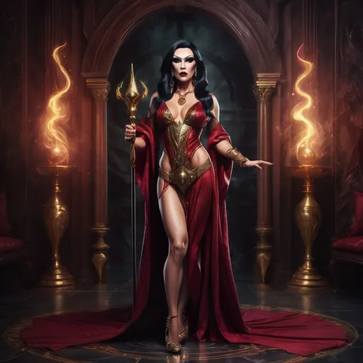 Prompt: Fantasy portrait of a muscular, beautiful, elegant 35-year-old drag queen sorceress, full body pose emphasizing her long legs and delicate feet, wearing rich crimson robes with luxurious gold trim and stylish stiletto high heel shoes. Her rich black hair cascades elegantly.  She is standing with her magic staff in hand. The background features a mystical mage sanctum, adorned with ancient artifacts and a warm, enchanting glow, capturing a magical atmosphere. Highly detailed, vibrant colors, ultra-detailed, and captivating ambiance.