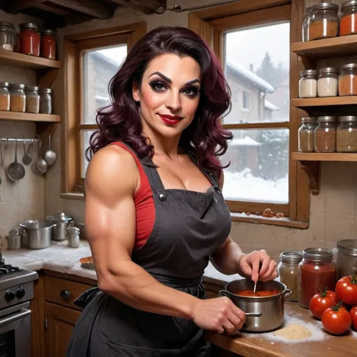 Prompt:  A warm kitchen with a cheerful gorgeous muscular 35-year-old italian drag queen bodybuilder with dark hair, dark eye makeup, dark lipstick, and  large busom, wearing a bright apron over a casual blouse and pants, stirring a big pot of tomato sauce on the stove. She sits nearby on a stool with big, curious eyes. A window shows the snowy village outside, and the kitchen shelves are full of spices and garlic.
