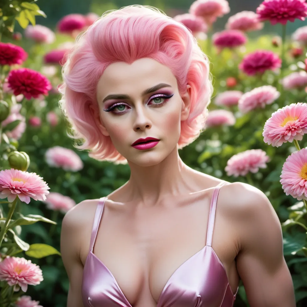 Prompt: James Dean dressed up as a Gorgeous 30-year-old Finnish drag queen bodybuilder with short stylish pink hair wearing a short, airy dress, in a flower garden. Professional photography, natural lighting, canon lens, shot on dslr 64 megapixels sharp focus