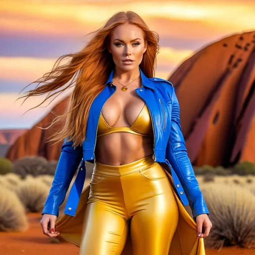 Prompt: 4k,dramatic, vibrant colors  ,high resolution, professional, modeling, gorgeous 25-year-old (caucasian) Australian bodybuilder goddess Ayers rock in the background at dusk, she is modeling , huge busom, ridiculously long flowing strawberry-blonde hair, opened tellow leather jacket, gold crop top shirt, yellow miniskirt, necklace , unique modeling pose , low angle shot ,legs ,dynamic photo