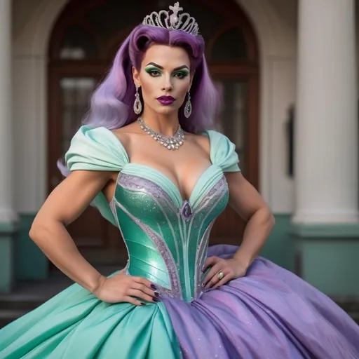 Prompt: Hyper realistic image of a Gorgeous muscular 25-year-old German drag queen (with strong masculine jawline and brow facial features) bodybuilder with huge busom, dressed up as Ariel, dressed as a queen wearing a floor-length ball gown in her iconic seafoam-green and ombre purple. The dress should be elegant and regal with detailing on the skirt.