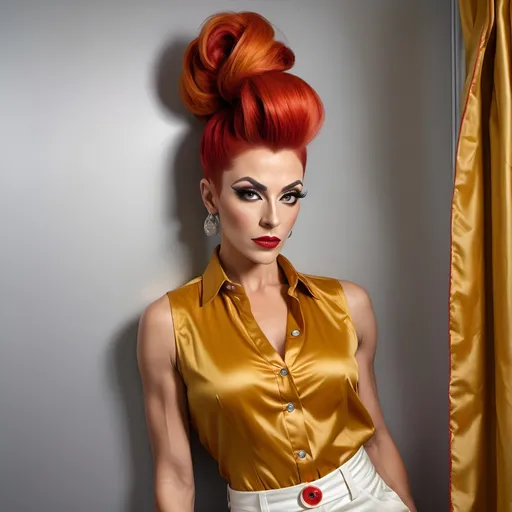 Prompt: oil painting of gorgeous muscular 35-year-old Bulgarian drag queen with a (bright red bun hairstyle), wearing an (elegant sleeveless mustard button-up blouse) and (off-white fancy pants), strikes a (modeling pose) near a perfectly designed silver aesthetic wall and multicolored curtain, Captured in a (low angle shot), showcasing her (detailed features). 