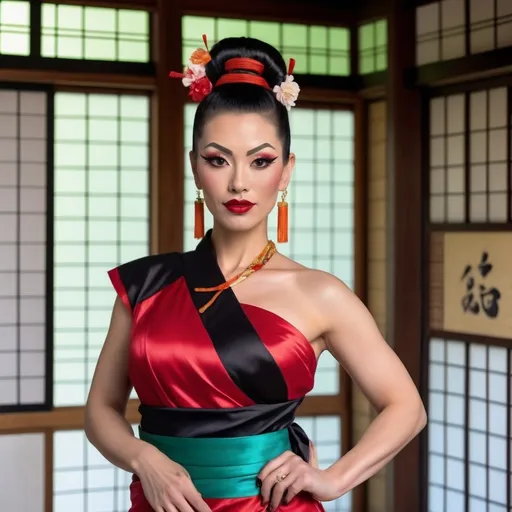 Prompt: Gorgeous muscular 35-year-old Eurasian drag queen with large busom, high arched light brown brows, prominent dimples, upturned wide mouth, (warm smile), (silver and jade jewelry), vibrantly colorful knee-length red & yellow screen-printed asymmetrical silk dress (off one shoulder cut) with black sash, jet black hair in and updo with red chopsticks in the topknot), dark eyeliner, dark red lipstick, (standing barefoot) on a tatami mat in a shoji screened room with traditional shrine along the wall, well lit space, colorful, filtered sunlight from the left, 8k, pro photography, elegantly posed, high detail & quality.