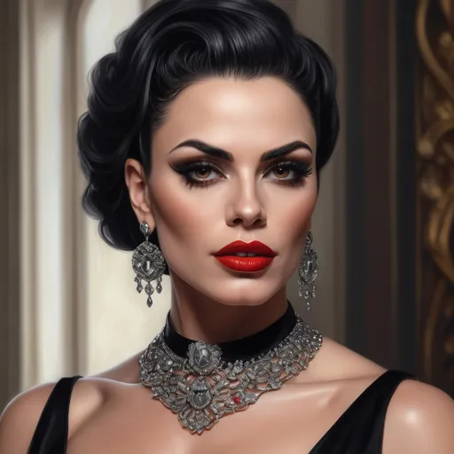 Prompt: a Gorgeous muscular 35-year-old Portuguese drag queen (very strong masculine jawline and brow features) with a necklace and earrings on her neck and red lips and a black dress on her chest, Edwin Georgi, gothic art, highly detailed digital painting, a photorealistic painting