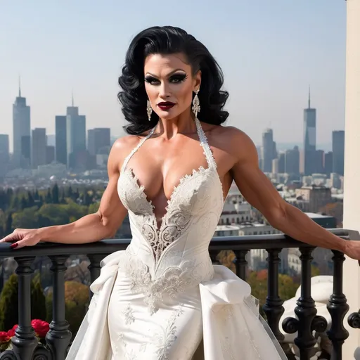 Prompt: Imagine Dolph Lundgren dressed as a Gorgeous ultra-muscular 25-year-old drag queen bodybuilder with ridiculously long wavy black updo hairstyle wearing an elegant white wedding dress, standing on the balcony of her luxurious mansion overlooking the city skyline. Dark smoky eyeshadow,  heavy eyeliner & mascara, and dark red lipstick. The gown features delicate lace detailing along its bodice and halter neckline, complemented by sheer sleeves that accentuate her figure's curves. Her pose is confident yet graceful as she gazes out at the horizon, embodying grace and elegance in timeless beauty in the style of a classic painting