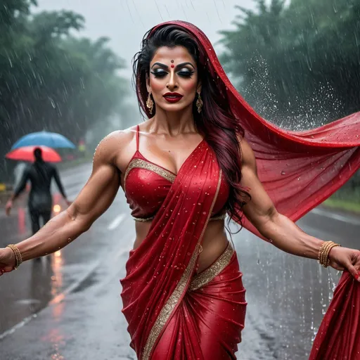 Prompt: A gorgeous muscular 35-year-old Pakistani drag queen bodybuilder (with large busom, dark eyeshadow, dark red matte lipstick) in a stylish red saree is dancing on a rainy road. The rain adds a dramatic effect, with droplets splashing around her as she gracefully moves. Her saree is elegantly draped, and her expressions show joy and freedom. The wet road glistens under the streetlights, enhancing the mood of the scene."