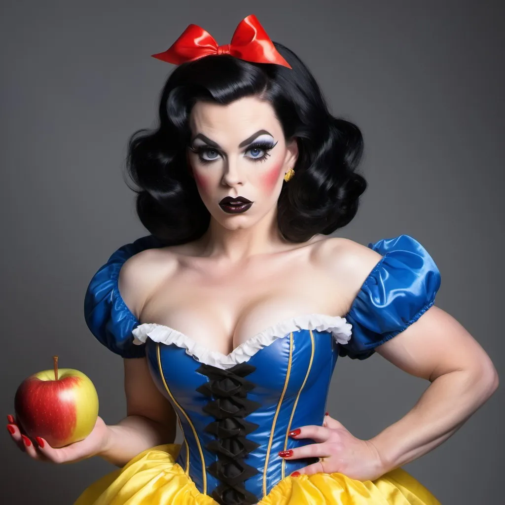 Prompt: Gorgeous ultra-muscular 25-year-old well endowed Finnish drag queen (strong masculine jawline and brow features) with dark eyeshadow,  dark lipstick, and ridiculously short shiny black hair dressed as Snow White with a yellow frilly dress, a blue & red corset, a red ribbon in her hair, and 8 inch stiletto high heel shoes.  Holding an apple in a quaint cottage.