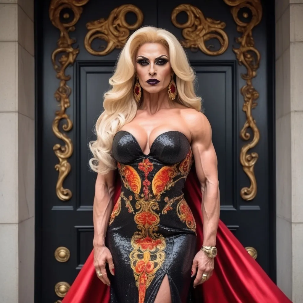 Prompt: Gorgeous muscular 35-year-old Turkish drag queen bodybuilder (with strong masculine facial features), with long wavy dark blonde hair, dark eyeshadow, dark lipstick, and large busom, wearing a gorgeous Versace gown. She is on fire!