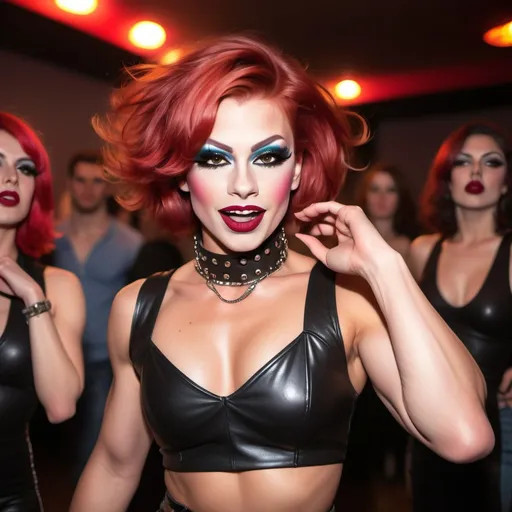 Prompt: (Gorgeous ultra-muscular 25-year-old Czechian drag queen with petite feminine muscular body), (lightly masculine facial structure), medium length messy red bob cut hair, heavy mascara, dark red lipstick, 
 wearing stylish male clothes, leather collar, 8 inch stiletto high heel shoes, dancing joyfully with other girls, vibrant colors, energetic ambiance, dynamic motion, fun atmosphere, (HD), ultra-detailed, whimsical background filled with flowing fabrics and abstract shapes.