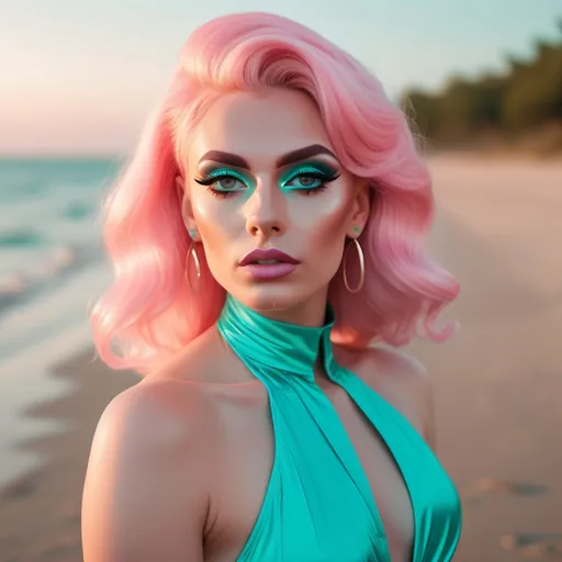 Prompt: captivating portrait, beautiful stylish 25-year-old Polish drag queen (with strong masculine jawline and brow facial features) with big busom, in a stunning neon teal dress on the beach at sunrise, romantic chic minimalism, surrealistic realism, petite, Wes Anderson aesthetic, (true summer color palette), long shiny pastel pink hair, pretty hypnotizing eyes, rosy cheeks, glistening skin, glossy plump lips, dark eyeshadow and dark red lipstick, epic storytelling, high contrast, highly detailed, crisp, by Volegov by Razumov, lowbrow art