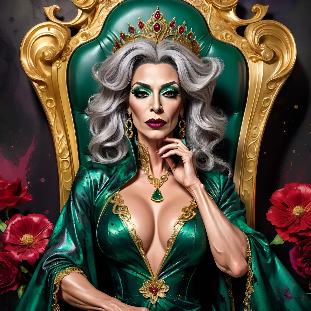 Prompt: a gorgeous muscular 45-year-old Turkish drag queen, salt & pepper hair, detailed ornate emerald and ruby cloth robe, dark eye makeup and dark lipstick, dramatic lighting, digital watercolor painting, paint splatter, bold brush strokes, art nouveau, majestic queen sitting on her throne (made of gold) in an elegant (colorfull flower dress), ornate very big throne with  diamonds and flowers adorned with delicate mycstical (colorfull) and glimmering (diamonds), mythical  looming behind, captivating atmosphere, dramatic lighting, ethereal ambiance, richly detailed backgrounds, (HD, ultra-detailed) fairy-tale setting, tension filled with reverence and power.