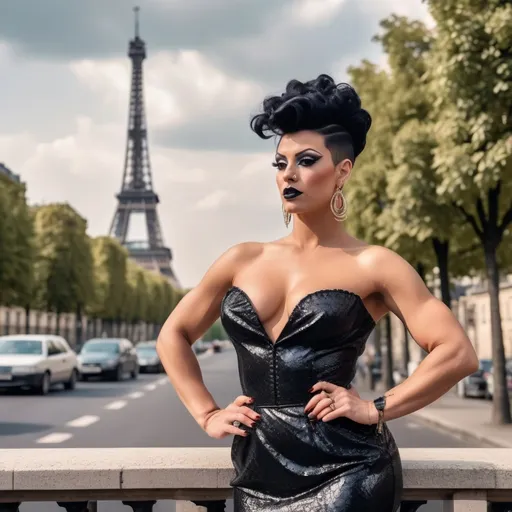 Prompt: Photo of a gorgeous muscular 25-year-old French drag queen bodybuilder with black curly updo hair, dark eyeshadow,  dark lipstick, and huge busom, wearing a summer sundress and 8 inch stiletto high heels, fierce expression, standing on an Parisan street and the iconic Eiffel Tower in the background provide a vibrant, cinematic backdrop.  High-resolution camera with Canon EOS R3 and RF 85mm f/1.2 lens captures