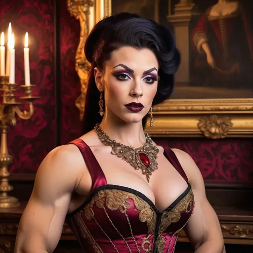 Prompt: Gorgeous muscular 25-year-old British drag queen bodybuilder with large busom, dark lipstick, heavymascara, vibrant Tudor-era attire, intricate lace details, embroidered patterns, serene expression, elegant pose, rich background of a historic castle, warm gold and deep crimson tones, soft diffused lighting, classical artwork style, ultra-detailed, regal atmosphere, capturing the essence of 16th-century nobility, majestic ambiance.