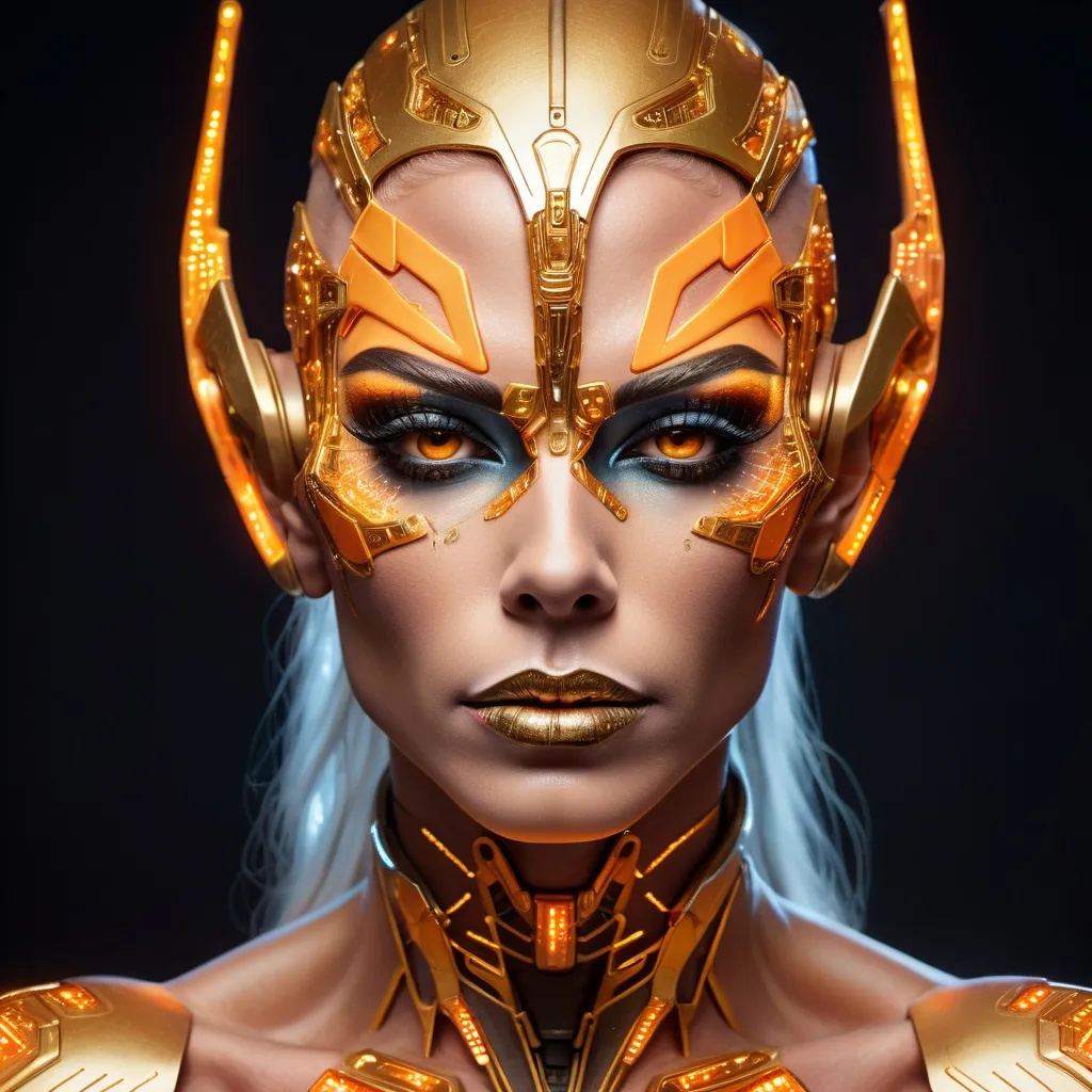 Prompt: A hyper-realistic portrait of a futuristic muscular cybernetic drag queen (with masculine strong jawline) whose face is symmetrically divided into a glowing, biomechanical side and a human, expressive side. The cybernetic side is composed of intricate gold and orange circuitry with shards and glowing fragments, while the human side features soft skin with subtle highlights reflecting blue ambient light. The black background is a soft blur of a few neon orange and blue-green lights, creating a cinematic high-tech atmosphere. The composition emphasises her piercing green eyes and the detailed textures of skin and metal. The lighting is a dynamic mix of warm and cool tones, adding depth and drama to the scene. The mood is mysterious and ethereal, evoking both humanity and technological transcendence. Highly detailed, photorealistic rendering with an emphasis on depth of field and reflective surfaces.