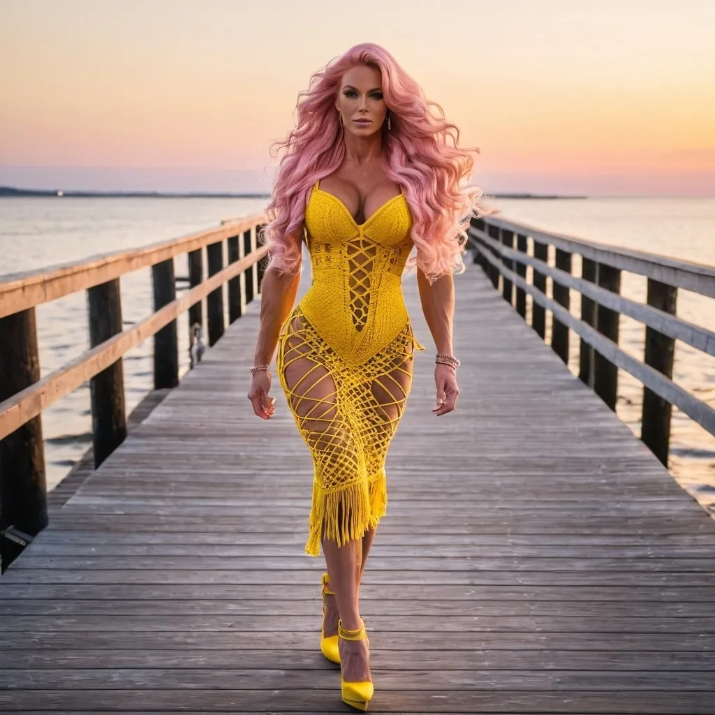 Prompt: Gorgeous ultra-muscular 25-year-old Finnish goddess bodybuilder with huge busom and ridiculously long wavy pink hair wearing a beautiful yellow macrame dress and 8 inch stiletto high heel shoes walking on the boardwalk at dusk.