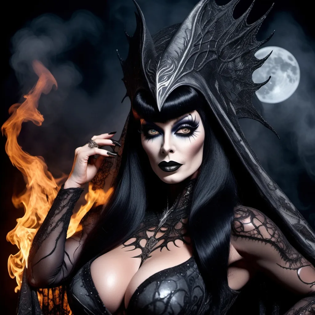 Prompt: (Drag queen bodybuilder) Elvira, enchanting transformation, black and silver Versacedesigner dress, dark glamorous colors, dark spooky ambiance, moonlit background, fire and dark magical elements, (dramatic) lighting, exquisitely detailed facial features, captivating expression, veil and tiara, HD, ultra-detailed, contemporary art style with a gothic twist.