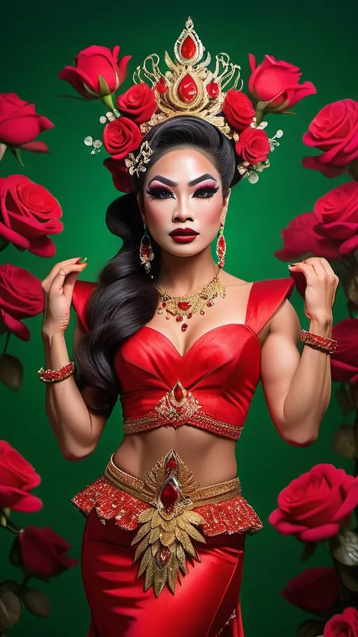 Prompt: Gorgeous ultra-muscular 25-year-old Thai drag queen princess bodybuilder in traditional red attire, heavy mascara and eyeshadow,  dark red lipstick, (surrounded by vibrant red roses), ethereal beauty and grace, flinging birds in the air celebrating love, warm and romantic atmosphere, lush green background accentuating the vivid reds, intricate detailing on clothing, (ultra-detailed, 4K), soft diffused sunlight illuminating the scene, enchanting and joyful ambiance.