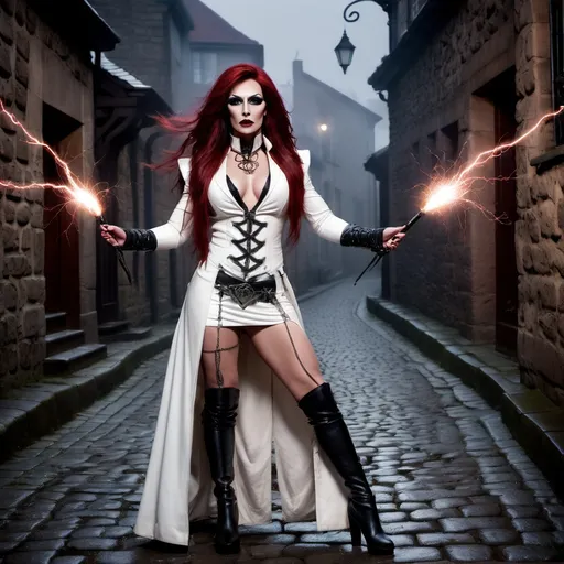 Prompt: Gorgeous muscular 35-year-old Romanian drag queen shadow warrior with bolts of electricity arcing from her magic wand, tall, long dark red hair, black eyes, dark gothic makeup, pale skin, white leather duster, white vest with celtic runes, white leather boots, cinematic, horror, 8K photo, key light, standing in a cobblestone lane, foggy night, intricate details.